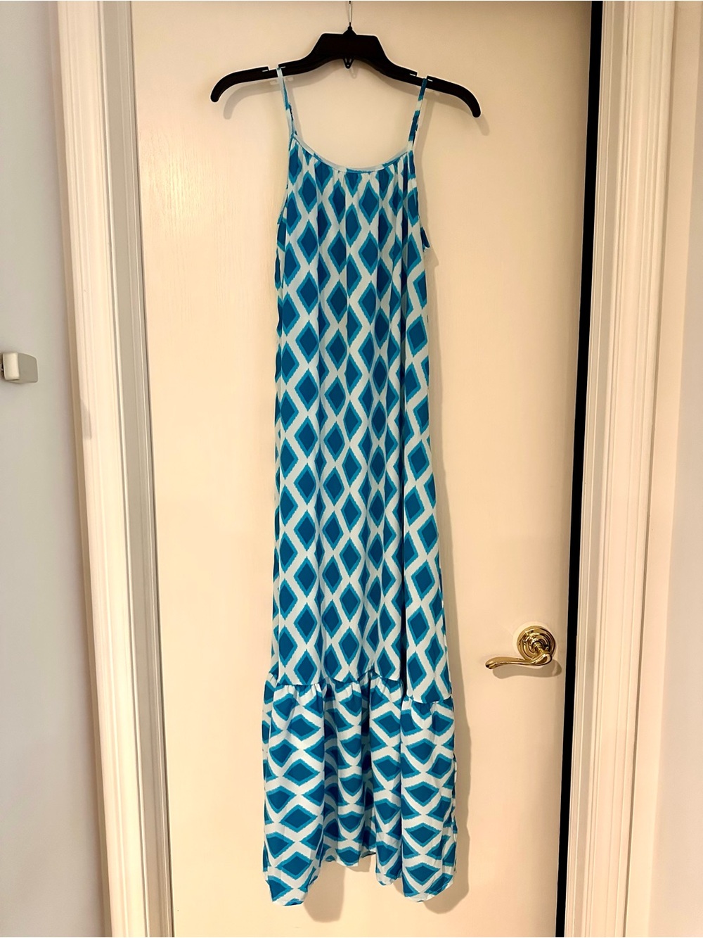 Blue Geometric Maxi Dress with Spaghetti Straps
